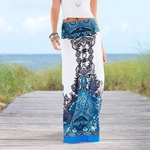 venus white & blue paisley maxi skirt- Large
